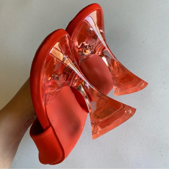 Torrid Size 7 Coral Red Orange Nylon Square Toe Slip-on Mule Clear Stiletto Heel - Picture 4 of 5